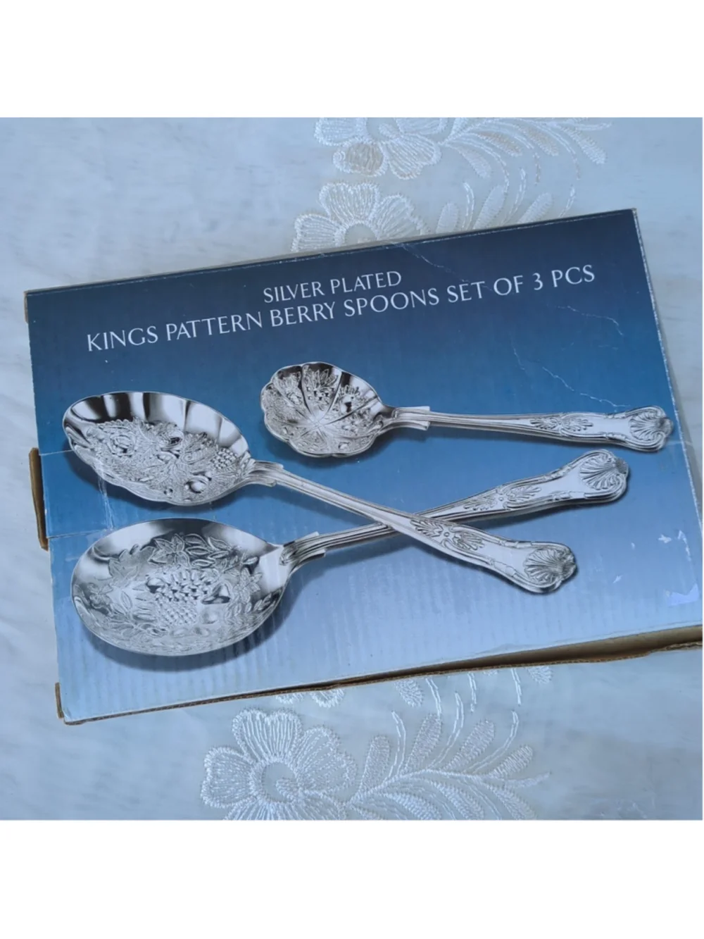 Godinger Silver Art Co Kings Pattern Silver Plated Berry Spoons Set 3 Pcs